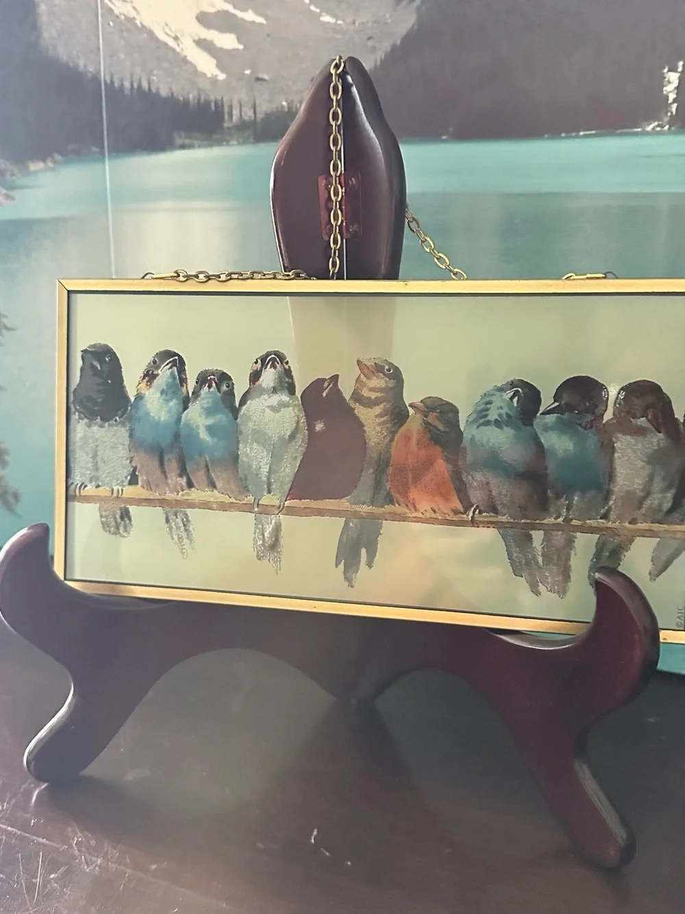 Bird Illustration Hanging Plaque with Gold Frame - Blue, Brown, Cream